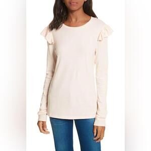 FRAME Ruffle Shoulder Crew Neck Long Sleeve Cotton Top Light Pastel Pink L NWT